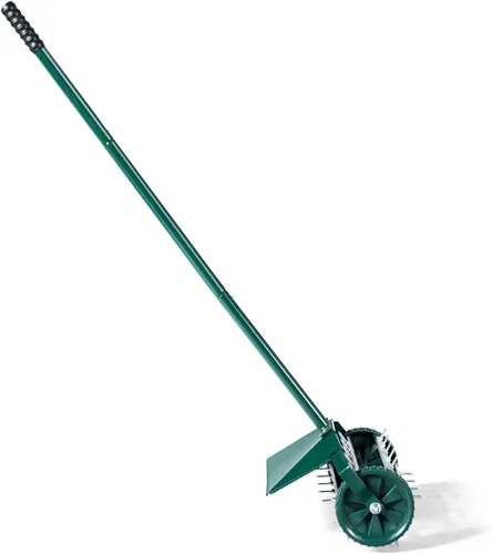 Vista 8 de Goplus Aireador de césped rodante, 18 pulgadas para jardín y patio, con púas de empuje giratorias, para aireación de suelo, herramienta de aireación