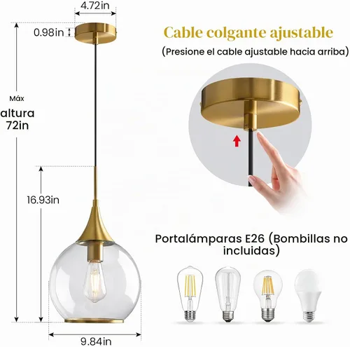 Vista 2 de Luces Colgantes para Isla de Cocina: Lámpara de Estilo Granja Dorada Cepillada con Vidrio Transparente - Globo de Mediados de Siglo de 10 Pulgadas