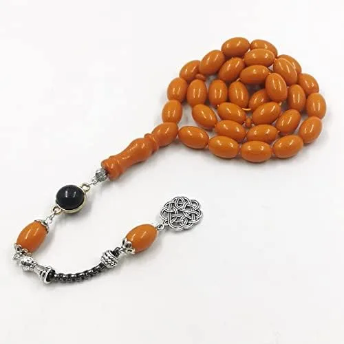 Vista 3 de Tasbih - Rosario musulmán de resina naranja con accesorios de piedra de ónix, pulsera de pavo, cuentas de oración islámica