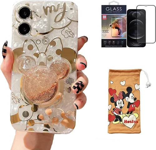Vista 11 de Funda de dibujos animados para iPhone XR 6.1'' con protector de pantalla HD, Mickey Mouse con soporte para teléfono celular de arena movediza