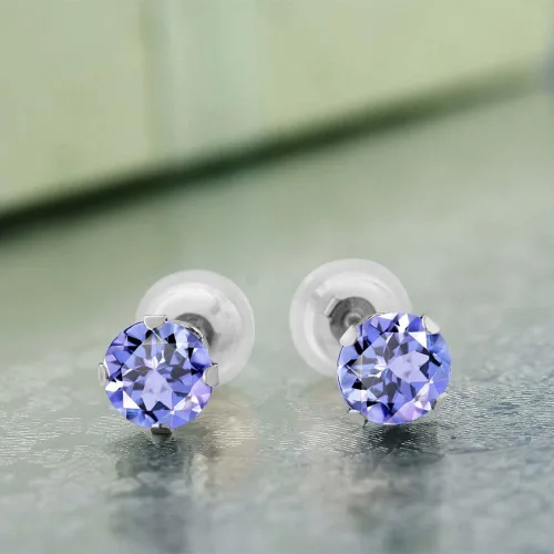 Vista 3 de Aretes de oro blanco de 14K macizo con tanzanitas redondas, claridad AAA, de 5 mm, 1.00 Ct.