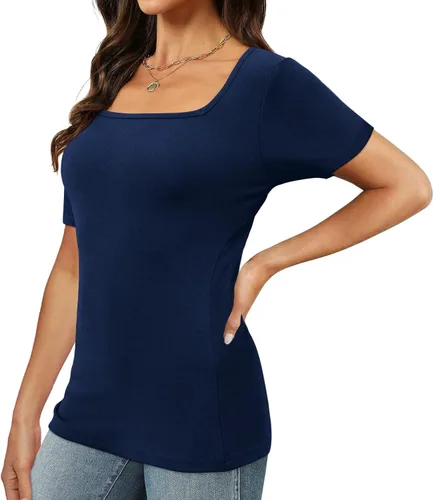 Vista 2 de Camisetas de manga corta con cuello cuadrado para mujer 2024 primavera verano Slim Fit