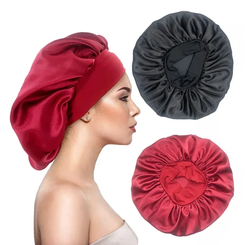 Vista 8 de 2 gorros grandes de seda satinada para dormir, gorros de banda ancha elástica para trenzas de mujeres negras, gorras de seda para dormir nocturnas