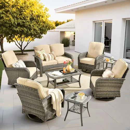 Vista 22 de ovios - Juego de muebles de patio de 2 piezas, sofá de mimbre para exteriores con sillas, silla de ratán con respaldo alto con cómodos cojines