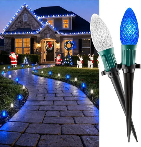 Vista 13 de Luces de cadena LED C9 de Navidad para exteriores, 26 pies, 20 luces LED de sendero de Navidad con 20 estacas de plástico, conectables e Rojo