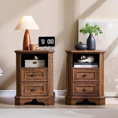 Vista 11 de T4TREAM - Mesa de noche rústica con estación de carga, mesa auxiliar de madera de 18 pulgadas con 2 cajones, para dormitorio y sala de estar