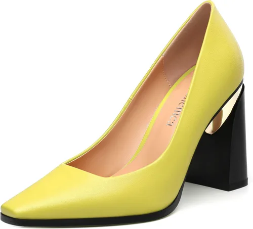 Vista 36 de Tacones altos para mujer, zapatos de vestir de tacón grueso con puntera cuadrada cerrada de patente, tacones elegantes, zapatos de vestir diarios