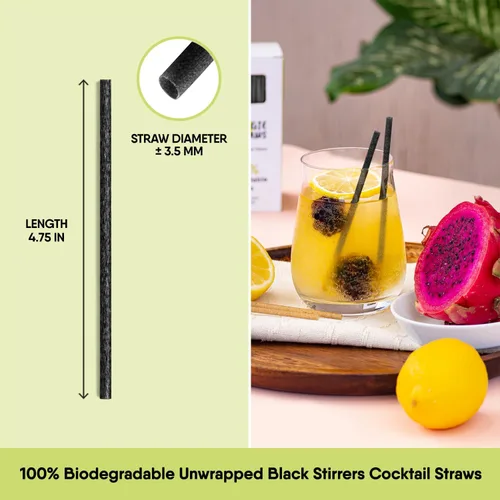 Vista 2 de The Veggie Straws 150 unidades de agitadores de bebidas biodegradables negros sin envolver de 4.75 pulgadas - Hecho de fibras vegetales, los mejores
