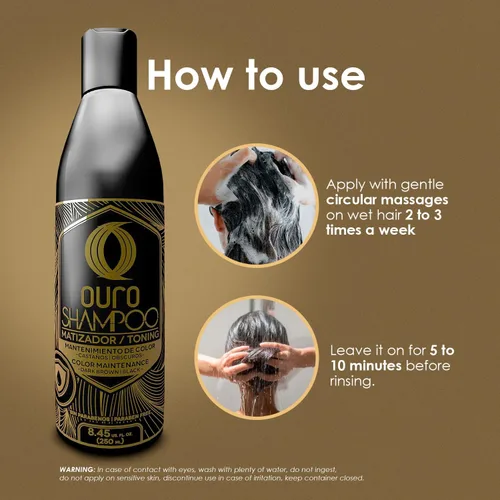 Vista 4 de OURO Champú que mejora el color para cabello castaño oscuro y negro, neutraliza los tonos amarillos, aumenta el brillo y la intensidad, revitaliza