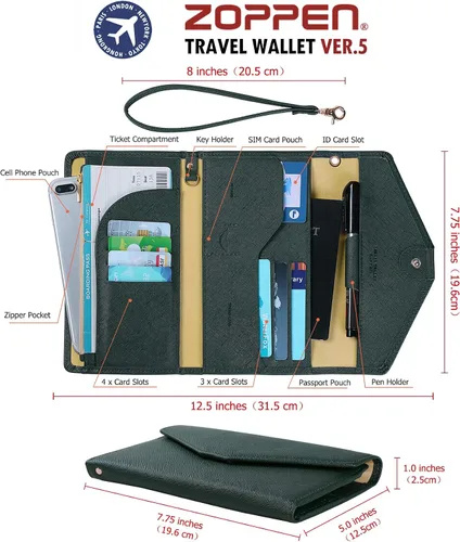 Vista 3 de Zoppen - Billetera y porta pasaporte y documentos de viaje Ver5 para mujer con bloqueo Rfid y correa para la muñeca