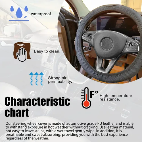 Vista 4 de Funda para volante de automóvil, protector de cuero de 15 pulgadas, elástico, transpirable, antideslizante, funda de cuero de microfibra