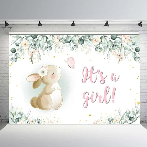 Vista 8 de MEHOFOND Fondo para decoración de fiesta de baby shower, de 7 x 5 pies, pancarta de primavera de Pascua, rosa, floral, mariposa, conejo, hojas