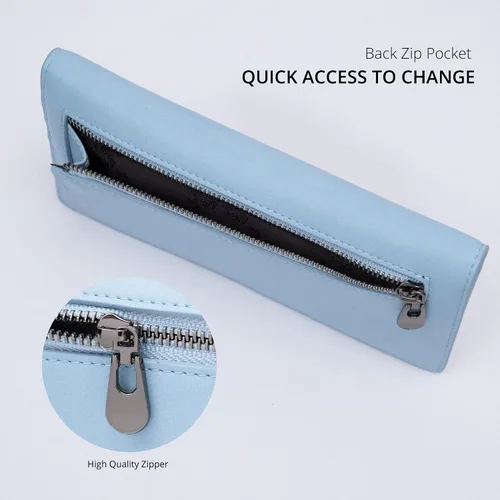 Vista 5 de Alldaily Billetera de cuero ultrafina para mujer, con bloqueo RFID, tarjetero de crédito, plegable, larga, Azul claro