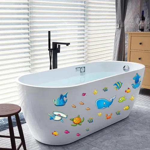 Vista 8 de TESWEY 24 calcomanías antideslizantes para bañera, diseño de vida marina de dibujos animados, de PVC, mate, para la habitación de los niños, baño
