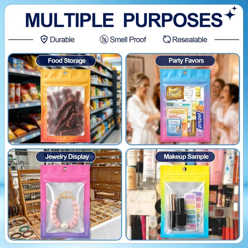Vista 6 de 100 piezas de bolsas de mylar resellables, bolsas de almacenamiento de alimentos de color degradado, bolsas de cremallera de papel de aluminio