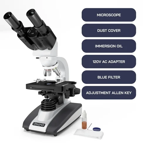 Vista 2 de Omano Microscopio para estudiantes - 40x - 1000x - Microscopio binocular compuesto con etapa mecánica de doble capa, condensador profesional Abbe