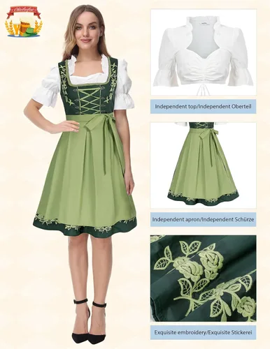 Vista 2 de JASAMBAC Vestido de tirolesa alemana para mujer, disfraz de 3 piezas, carnaval de Oktoberfest Verde militar