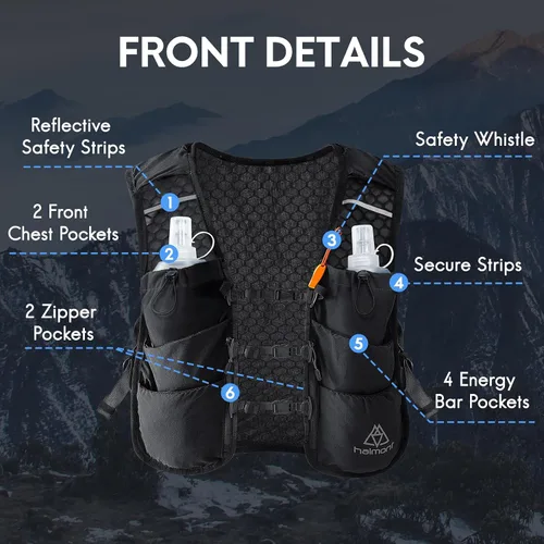 Vista 5 de Chaleco de hidratación para correr Haimont, paquete ligero de 5L para mujer y hombre, para correr en senderos Bounce-Free Fit, Front Fuel Storage