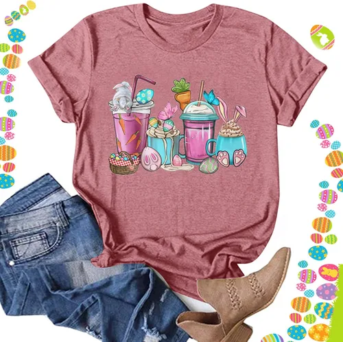 Vista 2 de Camisetas de manga corta con cuello redondo para mujer, estilo casual, para el día de Pascua