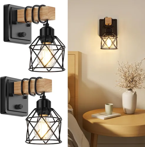 Vista 8 de FadimiKoo Juego de 2 apliques de pared, lámparas de pared de madera de cabecera con interruptor giratorio, lámpara de tocador de baño negra