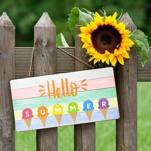 Vista 5 de Letrero decorativo para puerta con texto en inglés «Hello Summer» para colgar en la playa, con temática de helado, colgador de puerta de madera