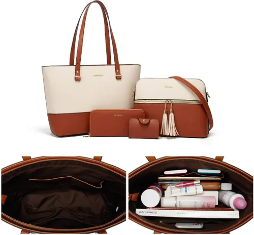 Vista 5 de Juego de 4 bolsas de cuero sintético para mujer, bolsa de hombro, asa superior, cartera