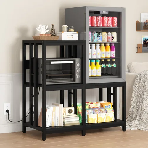 Vista 5 de Mini soporte para refrigerador con almacenamiento con toma de corriente, soporte para horno de microondas, estante para panaderos con estante