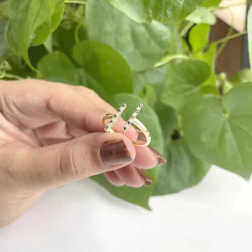 Vista 7 de Anillo de barra abierta de zafiro azul y diamante blanco alternativo para mujer, anillo de barra abierta de zafiro azul con acabado de oro de 14