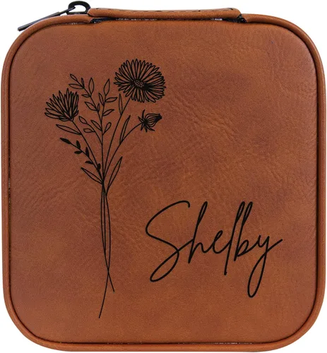 Vista 68 de Joyero de flores de nacimiento personalizado Estuche de viaje (cuero crudo, abril - guisante dulce)