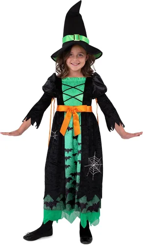 Vista 8 de Spooktacular Creations Disfraz de bruja verde para niñas disfraz de murciélago de bruja de cuento de hadas con sombrero disfraz de bruja malvada