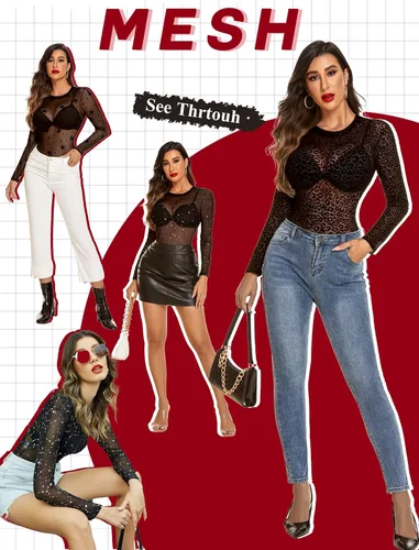 Vista 9 de Avidlove Body de malla de manga larga para mujer, con cuello redondo, con estampado geográfico, con entrepierna a presión