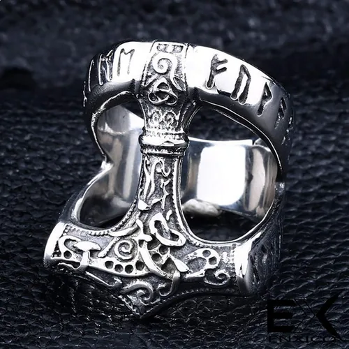 Vista 2 de Anillo de Mjolnir de martillo de Thor rúnico 316L de acero inoxidable nórdico escandinavo vikingo joyería