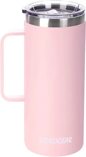 Vista 2 de Ezprogear Taza de café de acero inoxidable de 32 onzas con aislamiento y asa, tapa (32 onzas, taza rosa clavel) Vaso aislante, con asa, con tapa