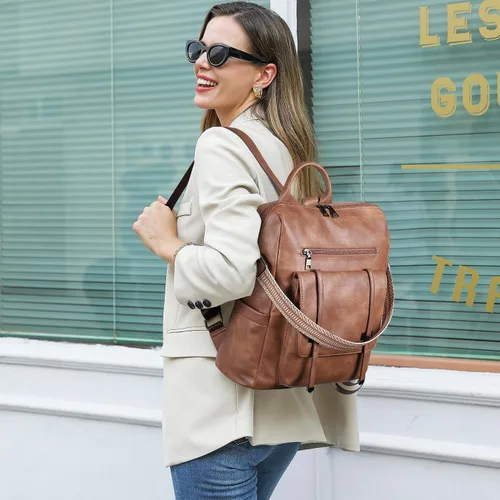 Vista 2 de CLUCI Mochila de cuero para mujer, mochila grande de viaje, a la moda, convertible, diseñador, trabajo, bolsos de hombro, 1 Marrón, Mochilas Daypack