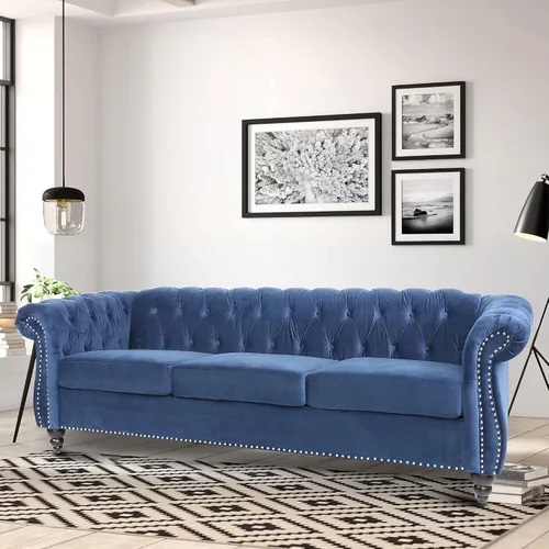 Vista 9 de Sofá Chesterfield, Sofá Moderno de Terciopelo Capitonado de 3 Plazas con Brazos Enrollados y Tachuelas para Sala de Estar, Dormitorio, Oficina, Azul