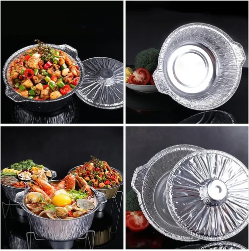 Vista 4 de ABOOFAN Sartén redonda de aluminio con tapas Ollas de papel de aluminio de 13 pulgadas Contenedor de alimentos desechable para microondas Contenedor
