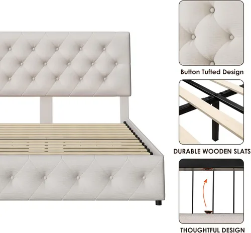 Vista 6 de TTVIEW Base de cama de tamaño matrimonial con 4 cajones de almacenamiento y cabecera ajustable, plataforma tapizada con diseño capitoné, soporte