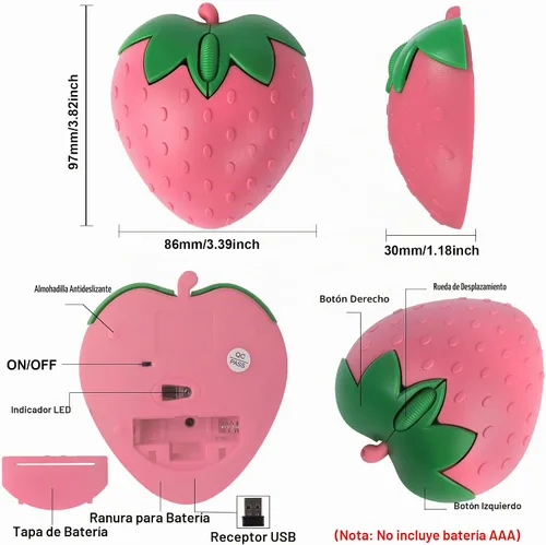 Vista 7 de Ratón inalámbrico Bluetooth con forma de fresa de fruta linda 2.4 GHz y Bluetooth 1000 DPI Ratones ópticos para computadora con receptor USB, mouse