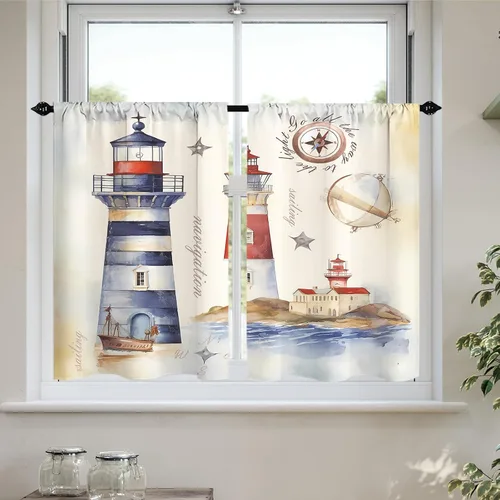 Vista 15 de Cortinas cortas de cocina con diseño náutico de tortugas marinas azules y playas, media cortina de baño para dormitorio, juego de 2 paneles de 27.5