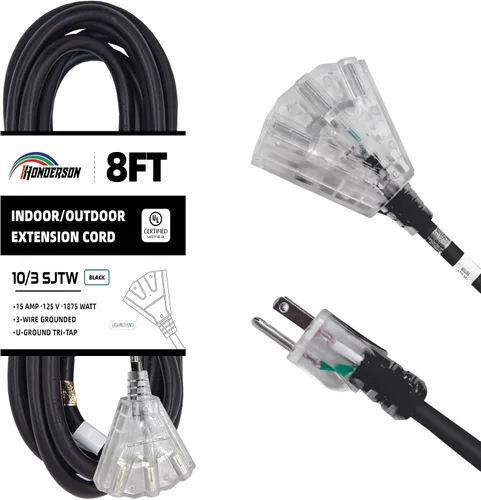 Vista 35 de Cable de extensión GFCI iluminado de 3 pies con 3 tomas de corriente, cable de extensión negro resistente SJTW 12/3 con enchufe a tierra de 3