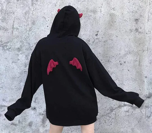 Vista 6 de Sudadera con capucha de manga larga para mujer, diseño de cuernos rojos, Negro