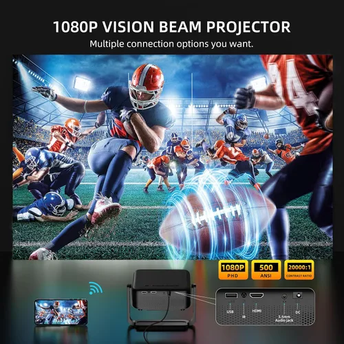 Vista 5 de Proyector Mini con Soporte Ajustable 360° y WiFi y Bluetooth: Enfoque Eléctrico y Corrección Automática de Trapecio 1080P 500 ANSI, Proyector