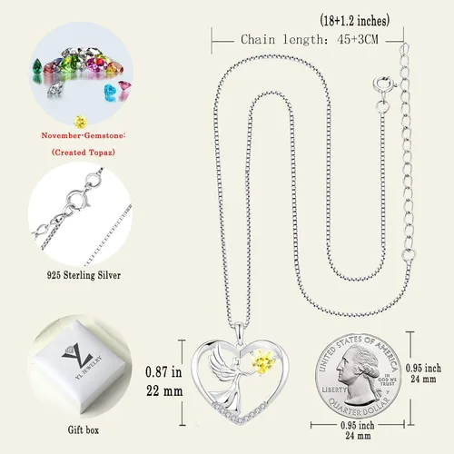 Vista 6 de YL - Collar de plata de ley con forma de corazón con alas de ángel, colgante de amor