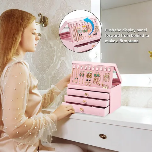 Vista 5 de ProCase Joyero para mujeres y niñas, caja organizadora de joyas grande de 4 capas con tapa de cristal, regalo de San Valentín, organizador de joyas