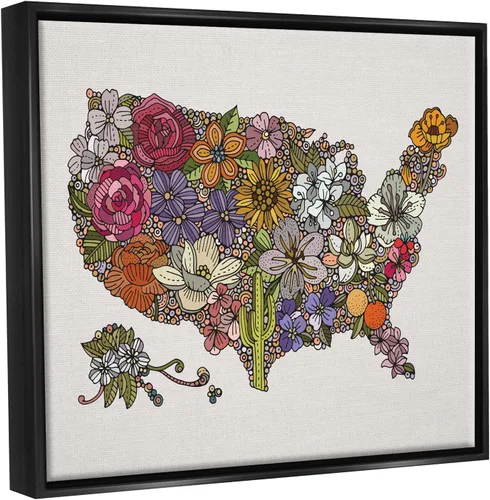Vista 2 de Stupell Industries Mapa del país de los Estados Unidos Flores botánicas detalladas del estado flotante enmarcado arte de pared, diseño de Valentina