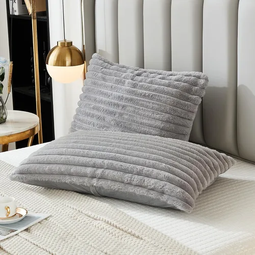 Vista 25 de Juego de 2 fundas de almohada para cama tamaño king, fundas de cojín rectangulares lumbares con diseño de rayas, forro de piel de conejo sintética