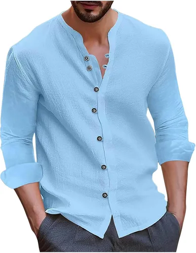 Vista 7 de Camisas de manga larga para hombre, casual, de algodón, lino, con botones, a la moda, lisas, para fiesta, otoño