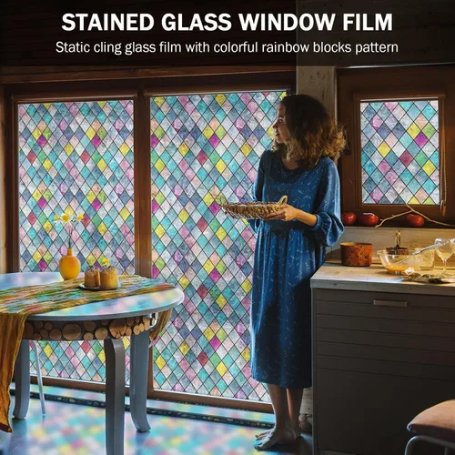 Vista 2 de Película para ventana de vitral, película de privacidad para ventana, tinte colorido de celosía, calcomanías de vidrio arcoíris para el hogar, anti