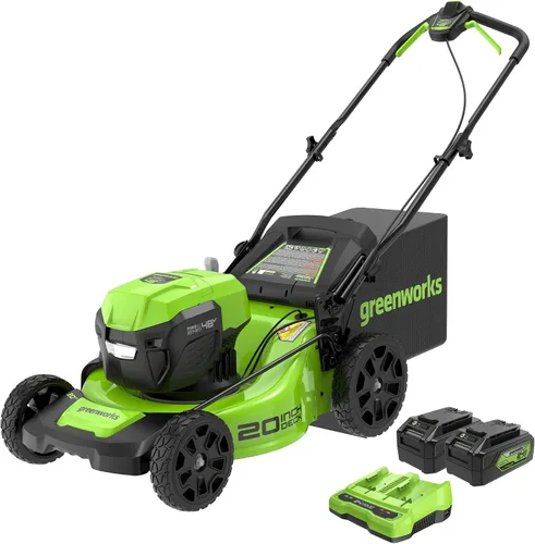 Vista 18 de Greenworks Juego de herramientas de jardín de 5 piezas de 48 V (24 V x 2): cortacésped de empuje de 20 pulgadas, recortadora de cuerdas de 12