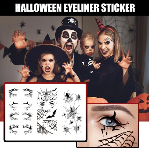Vista 3 de Pegatinas temporales de tatuaje de telaraña de Halloween, sombra de ojos, delineador de ojos, maquillaje de ojos para mujeres y niñas, fiesta